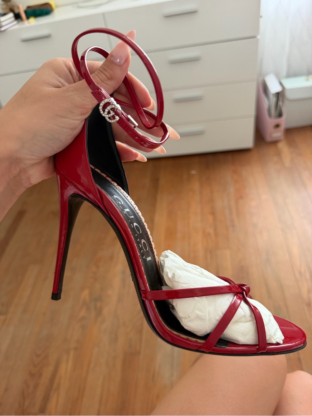 Gucci Red Patent Leather Ankle-Strap Stiletto Sandals - Picture 2 of 5